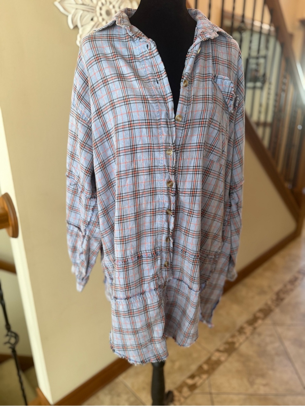 Talulah Oversized Plaid Tunic Shirt Dress Small Plaid Raw Edge Button Front Boho